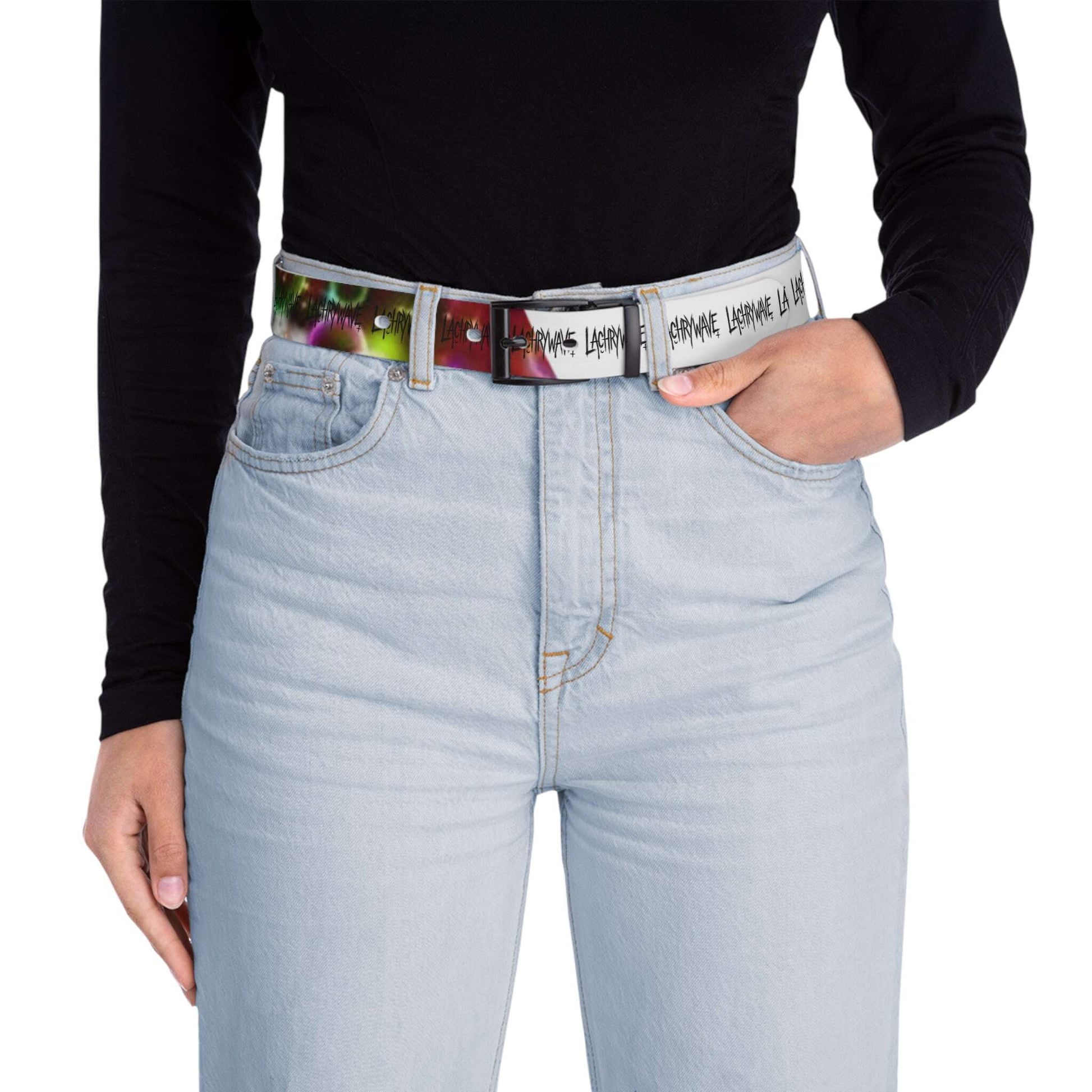 Lachrymae Graphic Belt — White Repeating Script with Abstract Color Accent Printify