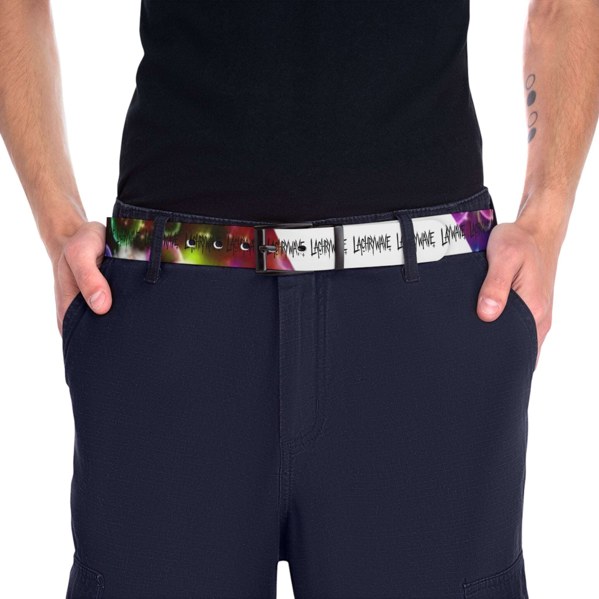 Lachrymae Graphic Belt — White Repeating Script with Abstract Color Accent Printify
