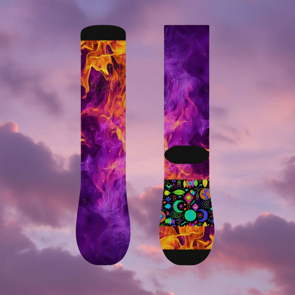 Colorful skateboard deck with flame design and 'Light My Wave' text on a white background