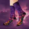Purple socks with colorful flame design worn by a person on a white background