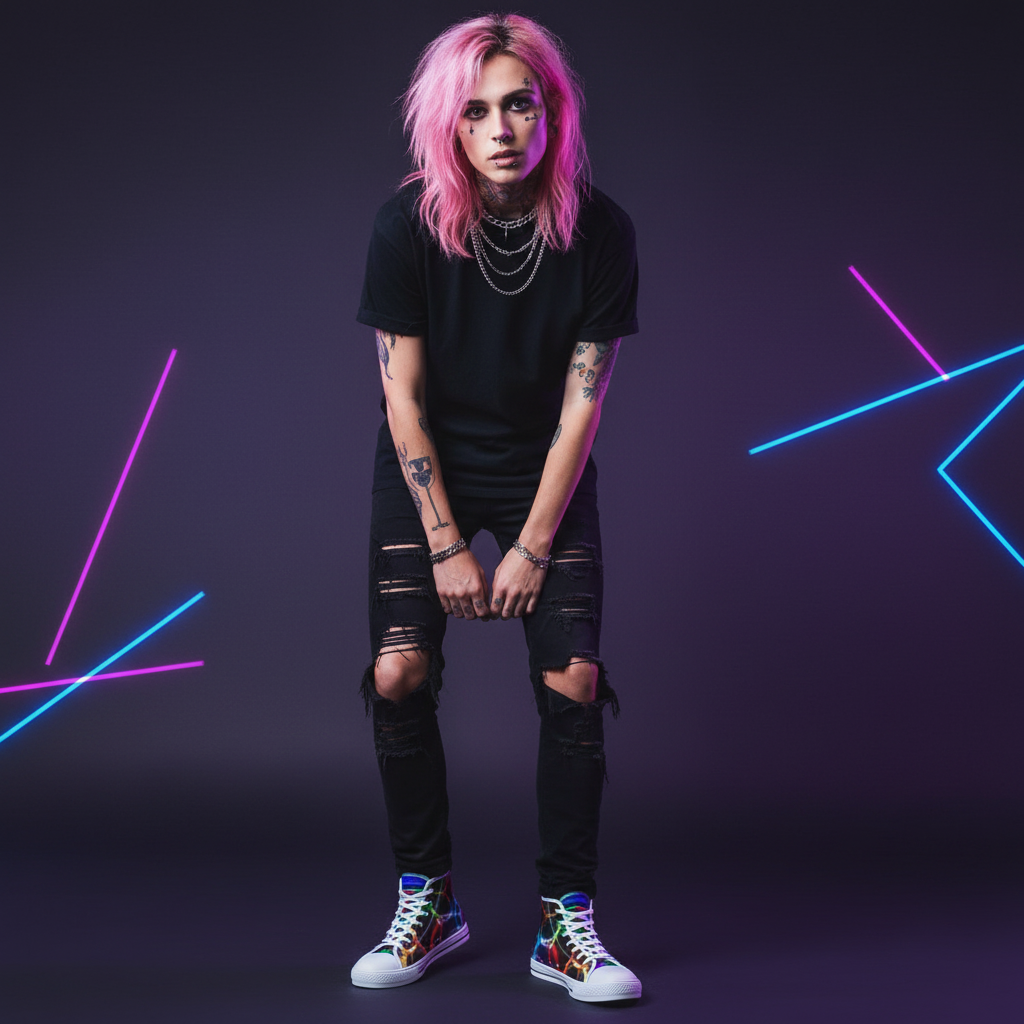Lil Peep style model with neon sneakers