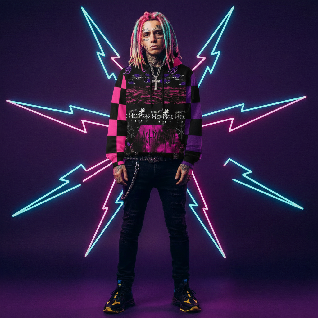 Male model wearing Mas Hex hoodie