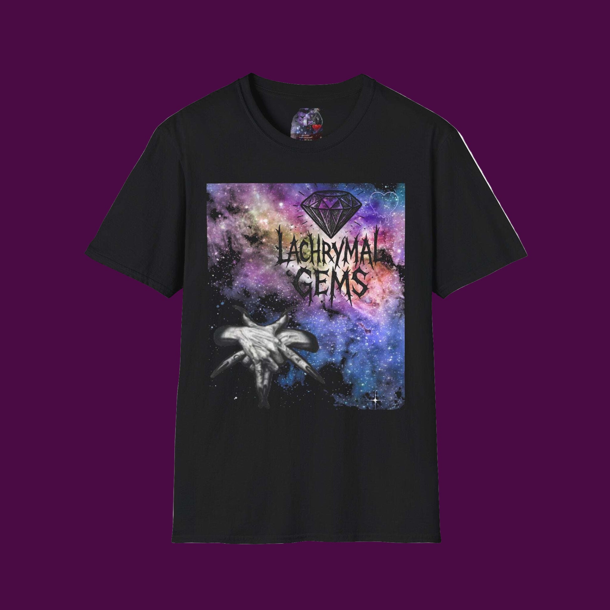 Black t-shirt with 'Lachrymal Gems' design on a purple background