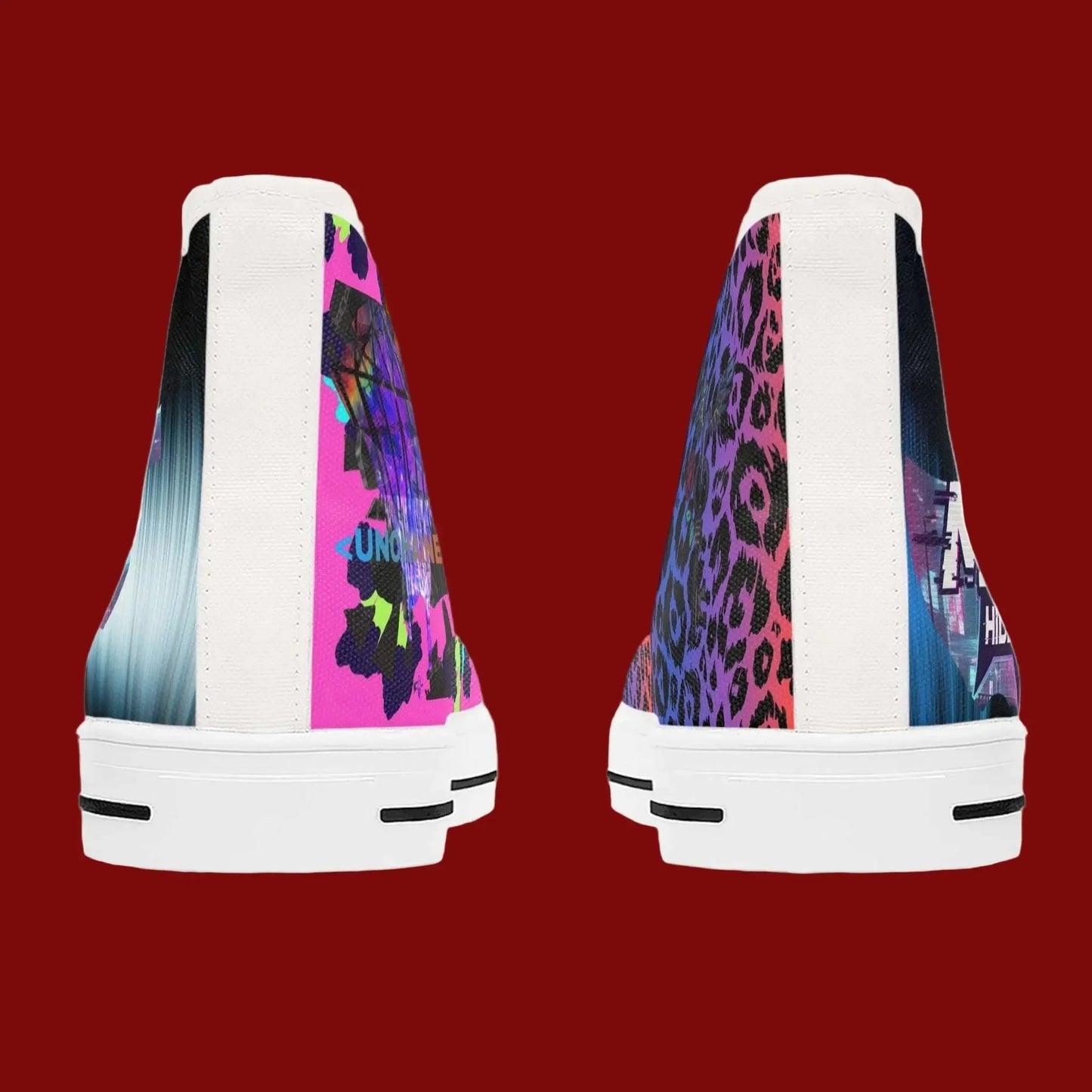 White sneakers with colorful leopard print and abstract designs on a red background