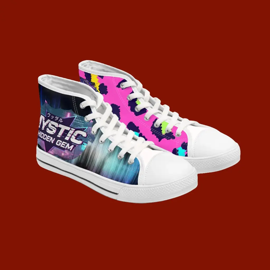 White sneakers with colorful design and text on a red background