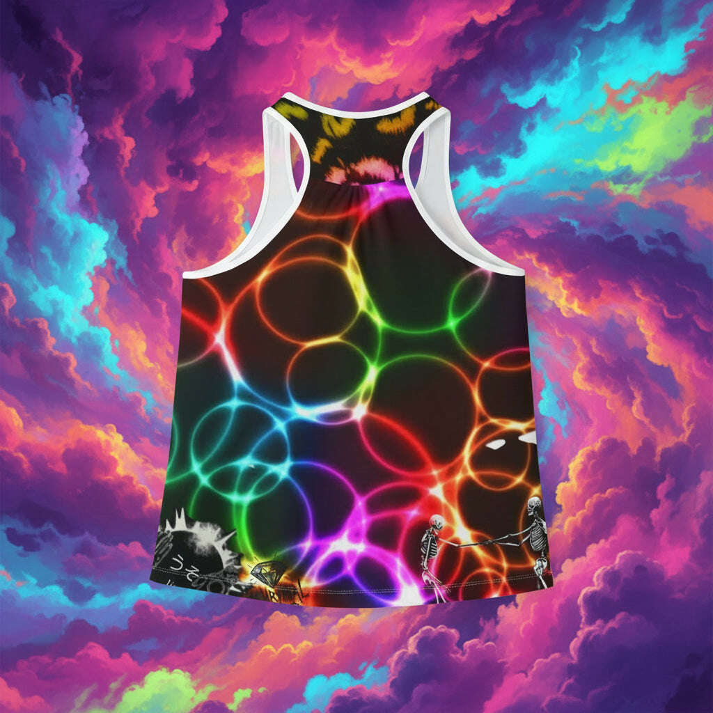 Tank top with colorful abstract design on a white background