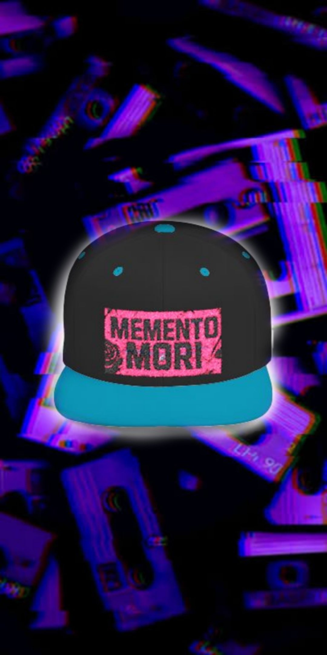 Black and blue cap with 'Memento Mori' text on a colorful, abstract background