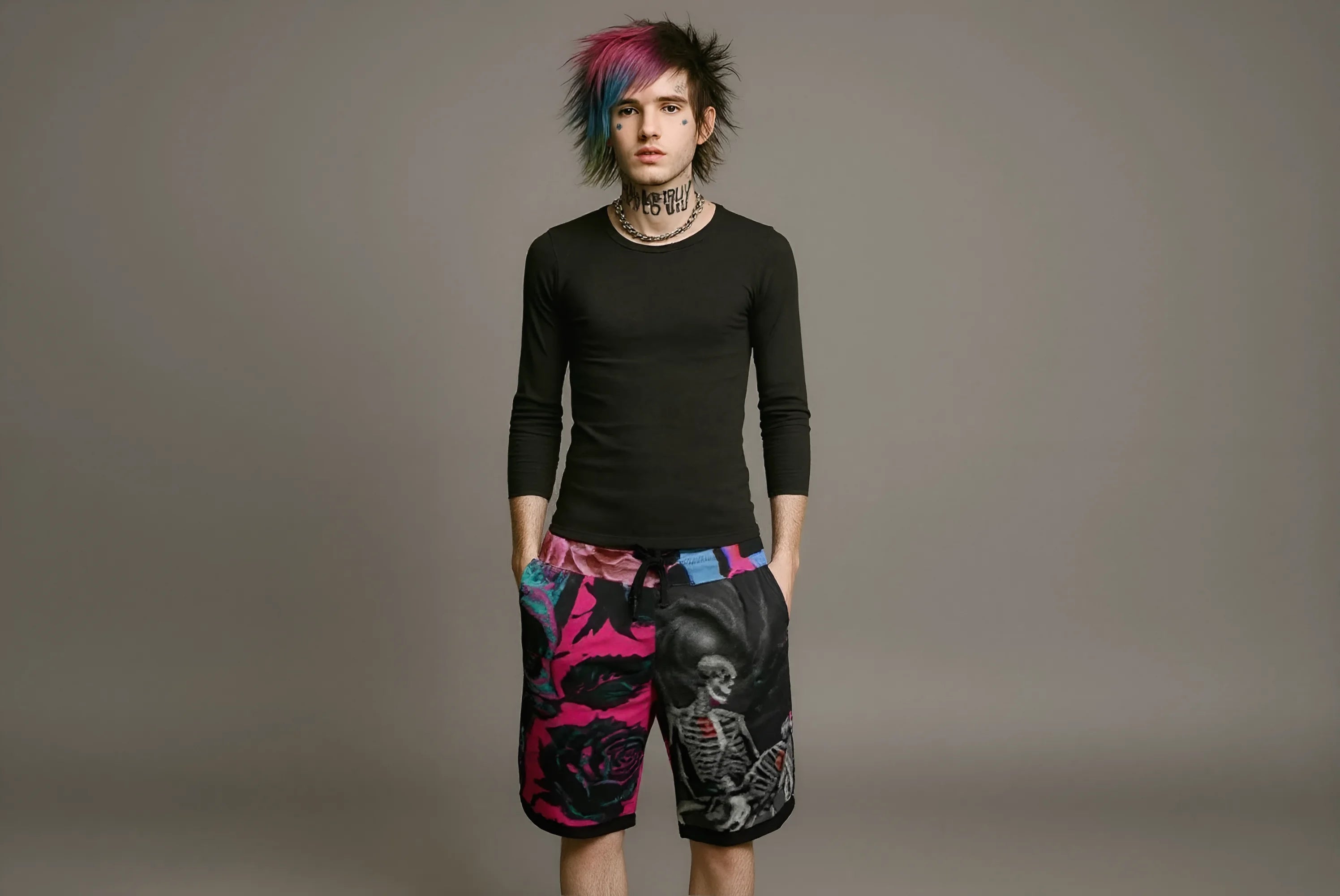 Emo unisex glitch lost love skeletons  winter or fall fashion mens shorts. Dark aesthetics for and alternative fashion enthusiasts. Neon vibes.
