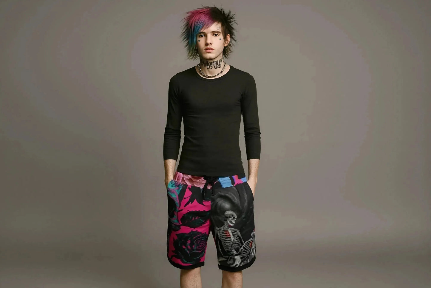 Skeleton Shorts - Love Lost Cyber Glitch L / Black drawstring and rib-