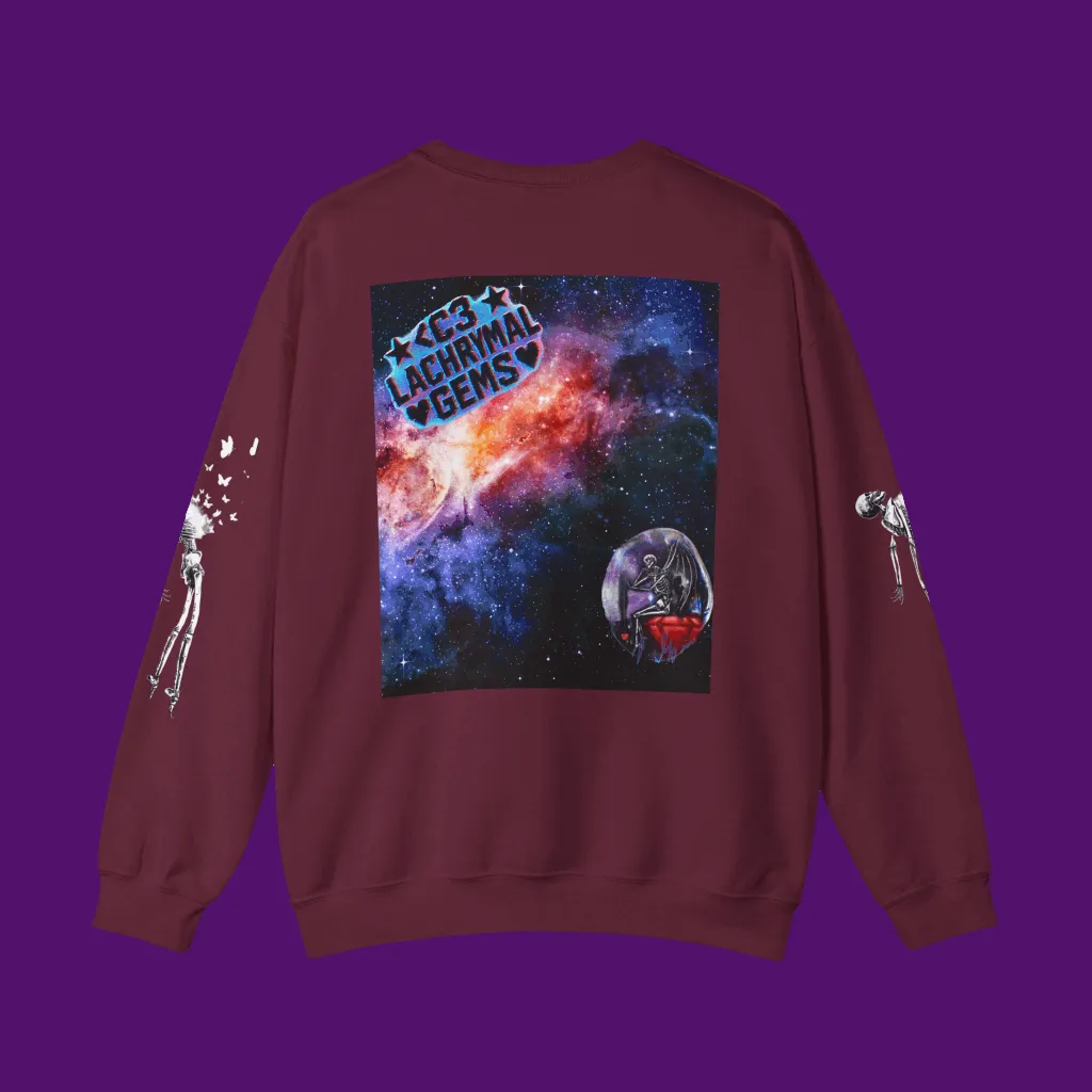 Maroon sweatshirt with space-themed graphic on a purple background