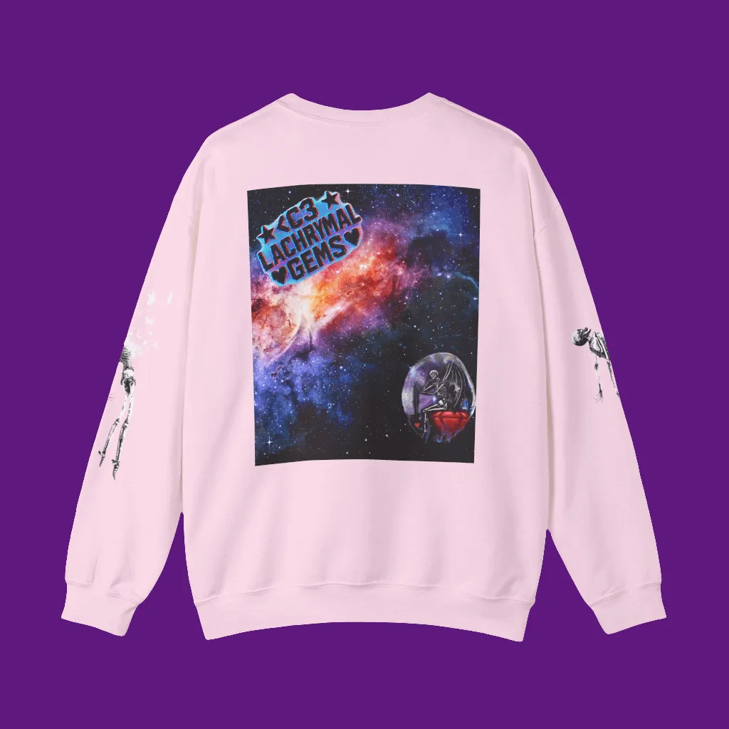 Pink sweatshirt with a space-themed graphic on the back against a purple background
