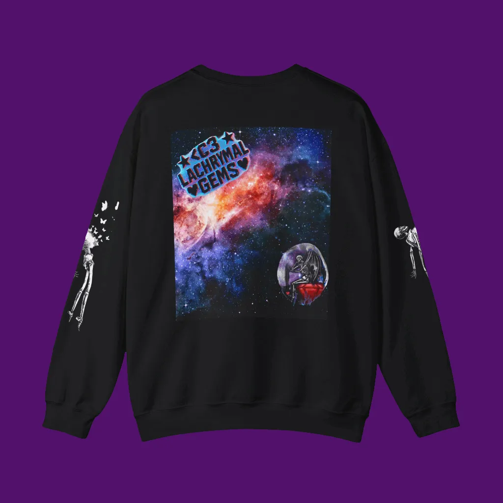 Black sweatshirt with space-themed design on a purple background