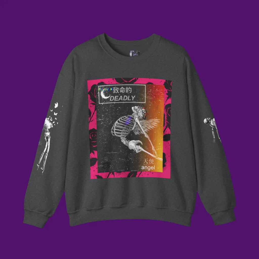 Dark gray sweatshirt with graphic design on a purple background