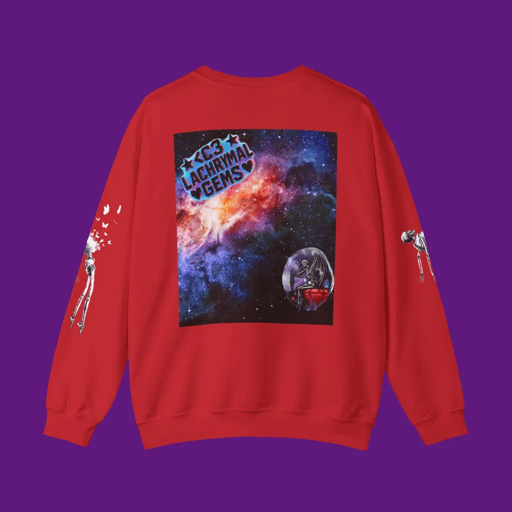 Red sweatshirt with space-themed graphic on a purple background
