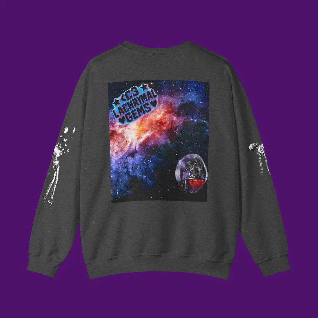Dark gray sweatshirt with space-themed graphic on a purple background