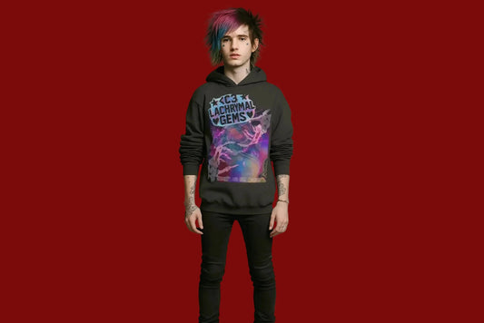 Person wearing a hoodie with a colorful graphic design on a red background