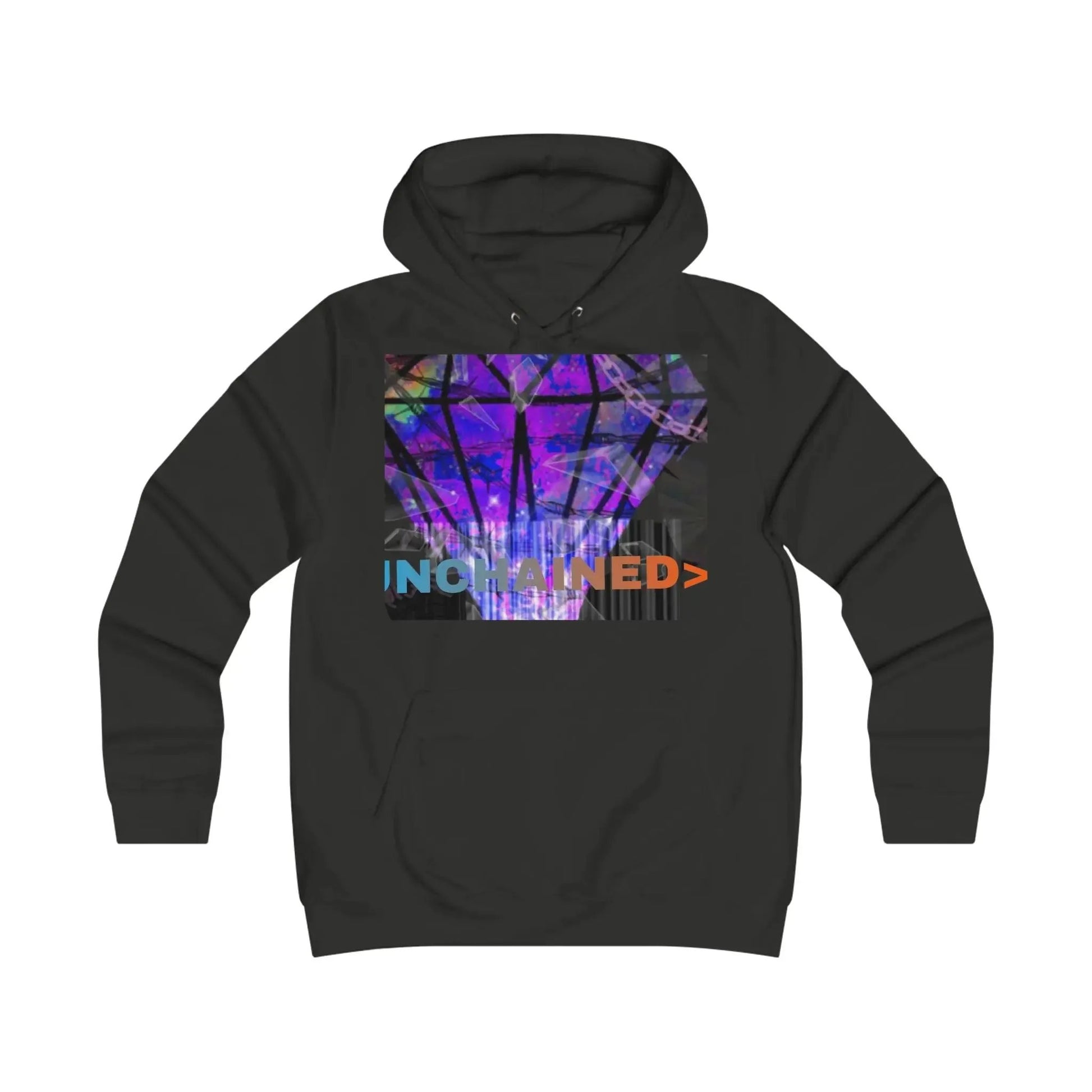 Black hoodie with colorful graphic design on a white background