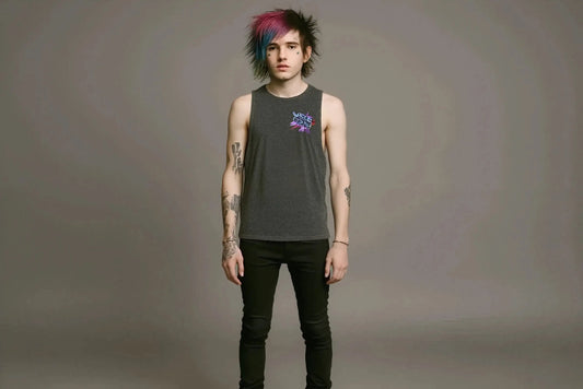 Person wearing a dark tank top with a logo on a gray background