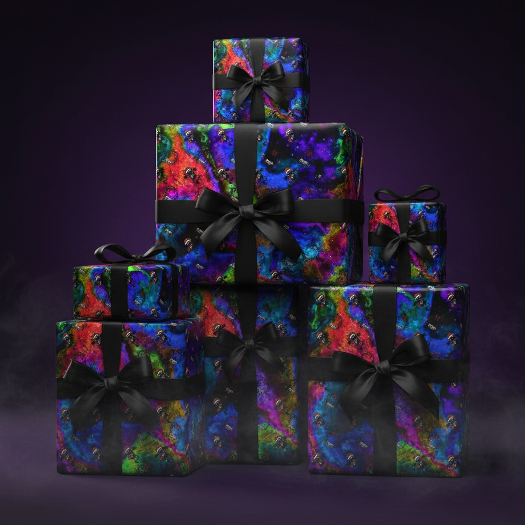 Wrapped gifts with neon skull paper