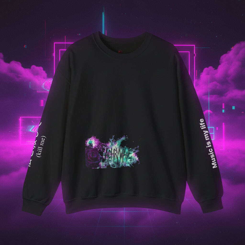 Black sweatshirt with colorful graphic and text on a white background