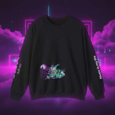 Black sweatshirt with colorful graphic and text on a white background